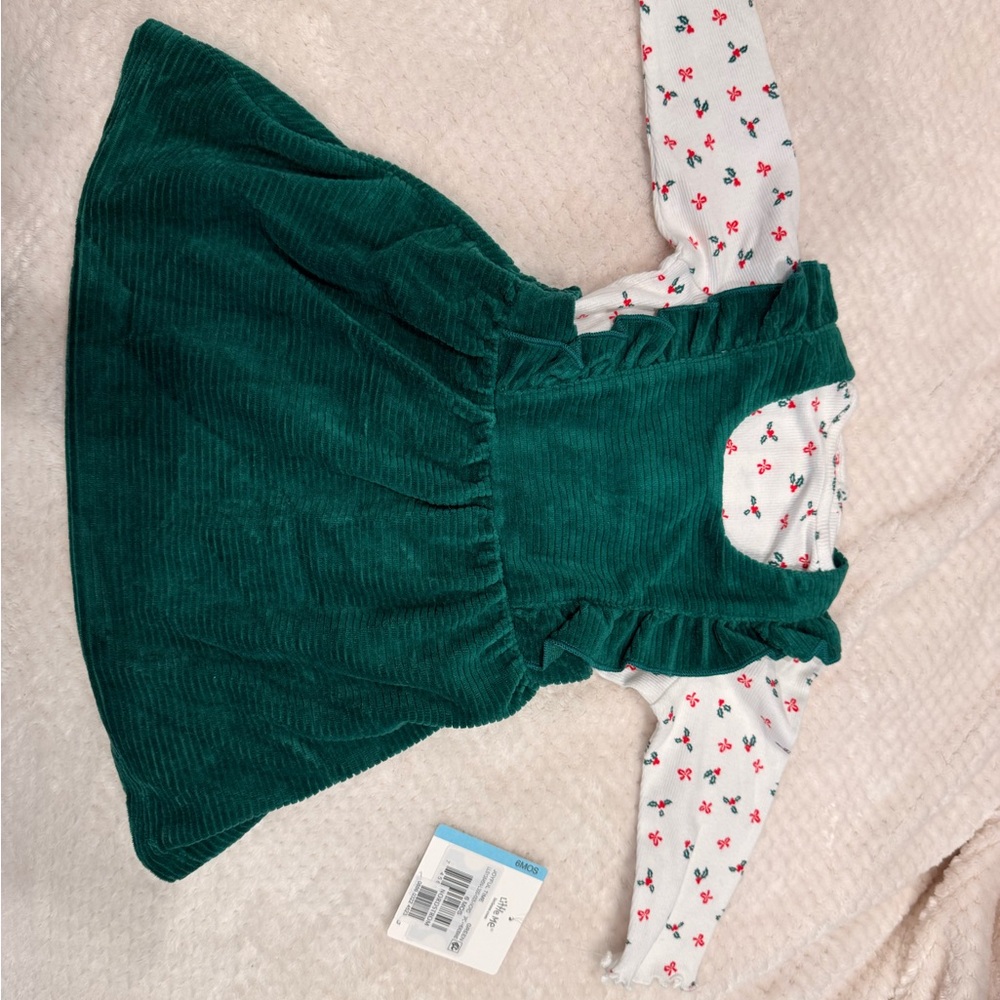 Little Me Green Corduroy Dress with Floral Sleeves